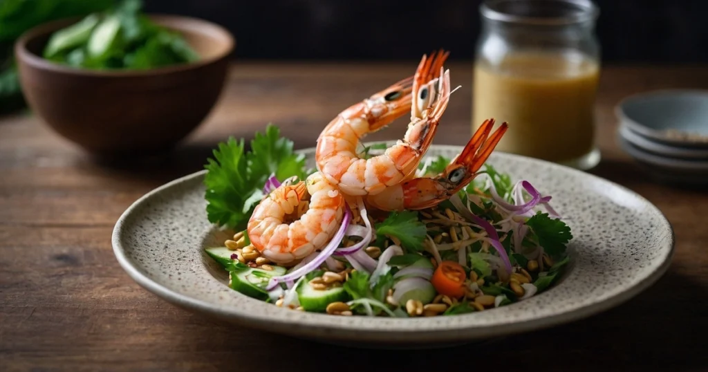 lotus salad with grilled jumbo prawn